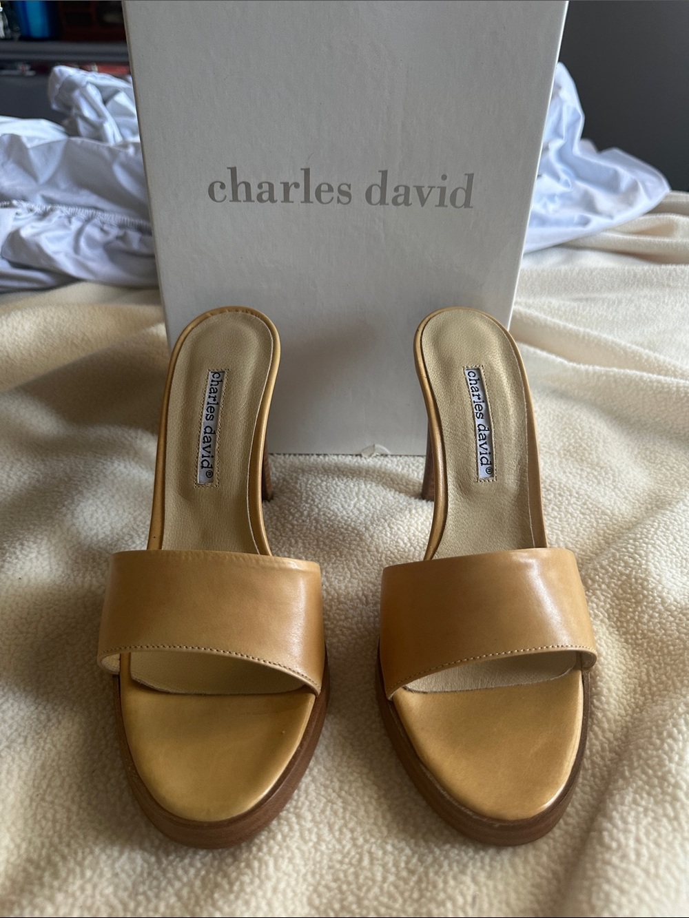 Charles David Camel Tan Leather Slide Mules